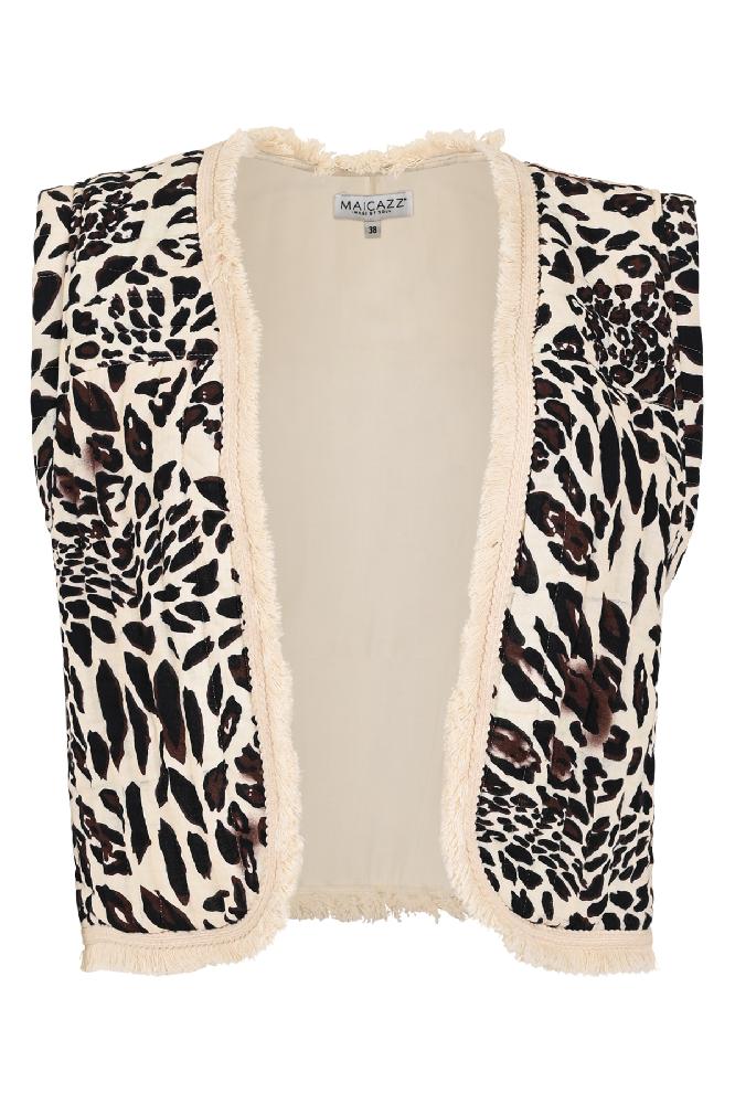 Stap in stijl met ons trendy korte Kenan gilet met een opvallende animal print. Dit gilet valt net boven de heup en biedt een flatterende pasvorm voor elke gelegenheid. Met zijn eigentijdse design voegt het een speels accent toe aan elke outfit. Dit gilet heeft geen sluiting, waardoor het gemakkelijk aan te trekken is en een moeiteloos chique uitstraling heeft. Of je het nu combineert met een eenvoudige top en jeans voor een casual look of met een jurk voor een meer formele gelegenheid, dit kort gilet is een veelzijdige en stijlvolle toevoeging aan je garderobe.

