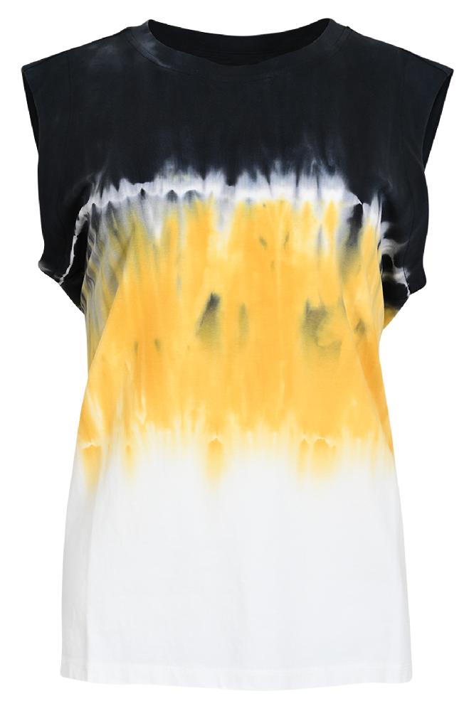 Deze top heeft geen mouwen, maar wel een gave tie tye print met een kleuren combinatie van zwart geel en wit.