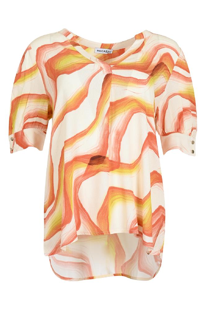 Blouse with short puff sleeves in viscose crincle quality with wave print