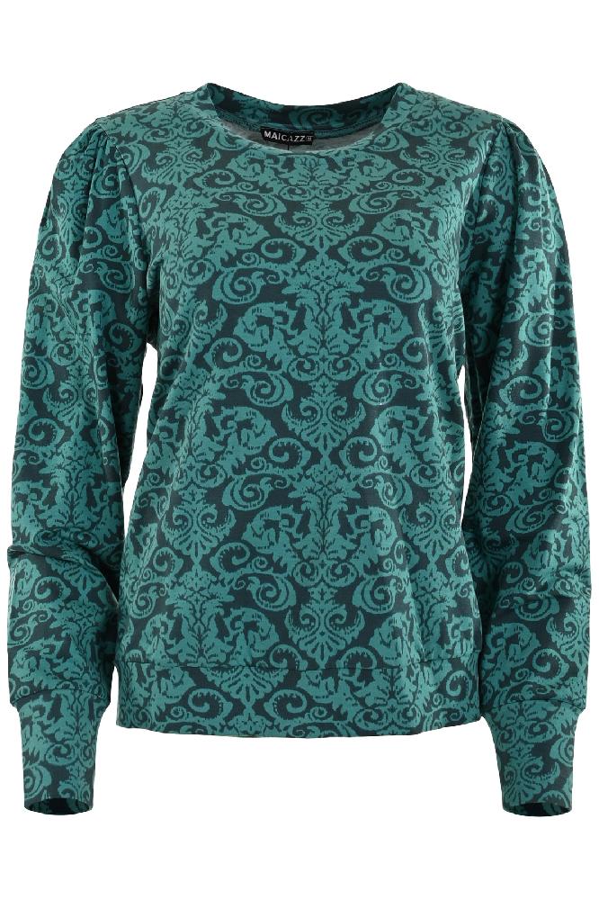 Halina is een sweater met pofmouwen en manchetten. De trui is te verkrijgen in een leuke print in twee kleuren. De trui heeft een normale pasvorm.